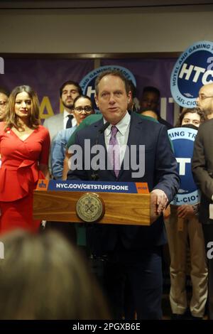 New York, NY, USA. 24th Mar, 2023. Manny Pastreich, President give remarks at 32BJ Union rally for working people's agenda including expanded earned income tax credit and child tax credit in which he alluded to in his State of the City Address one month prior. This rally was held at 32BJ HeadQuarters on March 24, 2023 in New York City. Credit: Chris Moore/Media Punch/Alamy Live News Stock Photo