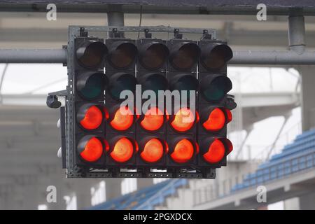 Red Start Lights in a Racing Circuit Stock Photo