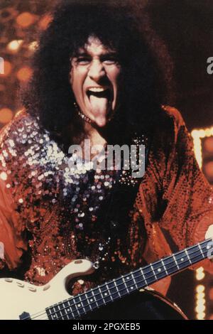 Gene Simmons of Kiss, hamming it up at the Civic Center in Providence, Rhode Island, USA, circa 1986. Stock Photo