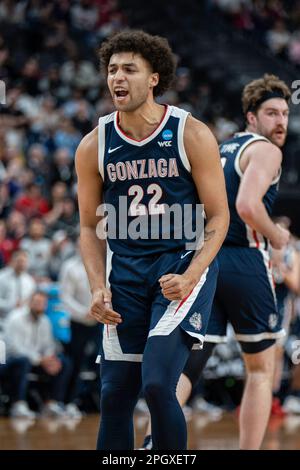 Gonzaga Bulldogs forward Anton Watson (22) reacts during a NCAA men’s basketball tournament game against the UCLA Bruins, Monday, March 23, 2023, at T Stock Photo