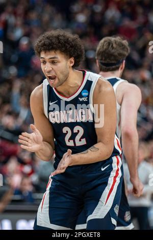 Gonzaga Bulldogs forward Anton Watson (22) reacts during a NCAA men’s basketball tournament game against the UCLA Bruins, Monday, March 23, 2023, at T Stock Photo