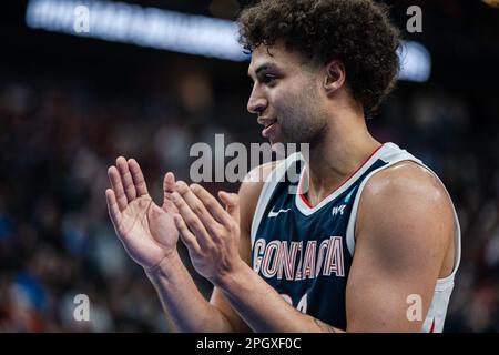 Gonzaga Bulldogs forward Anton Watson (22) reacts during a NCAA men’s basketball tournament game against the UCLA Bruins, Monday, March 23, 2023, at T Stock Photo