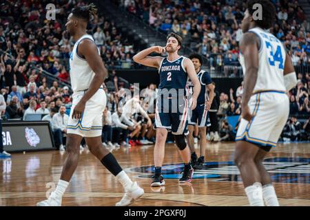 Gonzaga Bulldogs forward Drew Timme (2) celebrates after making a three pointer during a NCAA men’s basketball tournament game against the UCLA Bruins Stock Photo