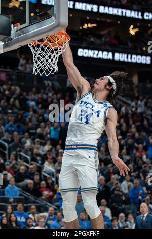 Las Vegas, United States. 23rd Mar, 2023. UCLA Bruins guard Jaime Jaquez Jr. (24) dunks during a NCAA men's basketball tournament game against the Gonzaga Bulldogs, Monday, March 23, 2023, at T-Mobile Arena, Las Vegas, Nevada. The Bulldogs defeated the Bruins 79-76. (Jon Endow/Image of Sport) Photo via Credit: Newscom/Alamy Live News