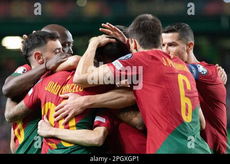 March 23, 2023. Lisbon, Portugal. Portugal players celebrating after a goal scored during the 1st Round of Group J for the Euro 2024 Qualifying Round, Portugal vs Liechtenstein Credit: Alexandre de Sousa/Alamy Live News Stock Photo