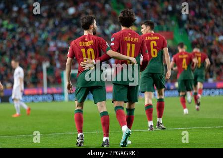 March 23, 2023. Lisbon, Portugal. Portugal's and Manchester City midfielder Bernardo Silva (10) and Portugal's and Chelsea forward Joao Felix (11) in action during the 1st Round of Group J for the Euro 2024 Qualifying Round, Portugal vs Liechtenstein Credit: Alexandre de Sousa/Alamy Live News Stock Photo