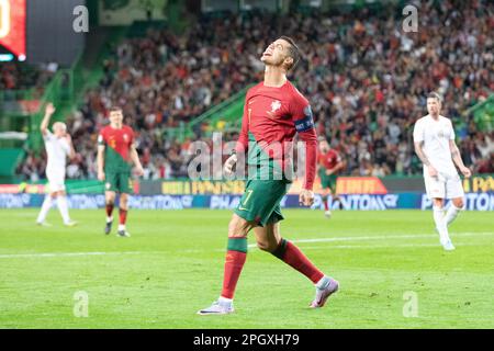 March 23, 2023. Lisbon, Portugal. Portugal's and Al Nassr forward Cristiano  Ronaldo (7) in action during the 1st Round of Group J for the Euro 2024  Qualifying Round, Portugal vs Liechtenstein Credit