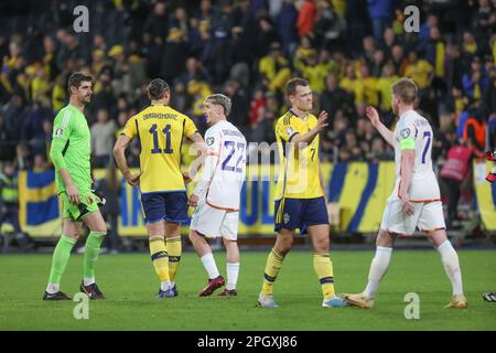 Solna, Sweden. 24th Mar, 2023. Belgium's goalkeeper Thibaut Courtois, Sweden's Zlatan Ibrahimovic, Belgium's Alexis Saelemaekers, Sweden's Viktor Claesson and Belgium's captain Kevin De Bruyne pictured after a soccer game between the Swedish national team and Belgium's Red Devils, at the Friends Arena, in Solna, Sweden, Friday 24 March 2023, the first (out of 8) Euro 2024 qualification match. BELGA PHOTO VIRGINIE LEFOUR Credit: Belga News Agency/Alamy Live News Stock Photo