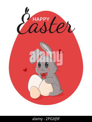 Happy Easter card with gray bunny and eggs.  Stock Vector