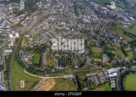 Aerial view, old town with railroad station, telecommunications tower and round sports hall in Wesel, Lower Rhine, North Rhine-Westphalia, Germany, ol Stock Photo
