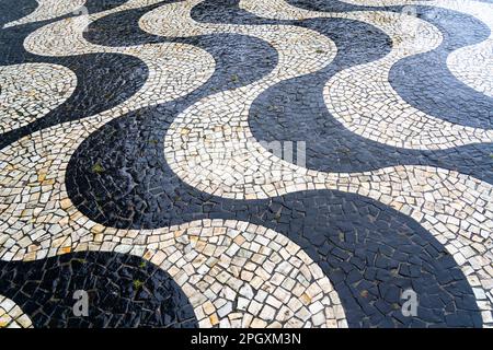 The black and white wave-shaped sidewalk pattern at Copacabana beach, Rio de Janeiro, Brazil. Stock Photo