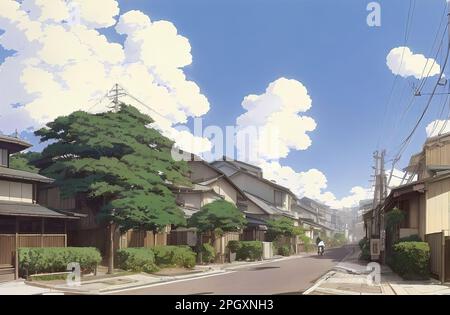 Premium Photo | Anime scenery of a japanese village with a mountain in the  background generative ai