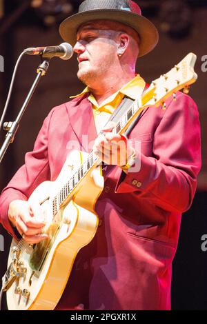Musician performing at Summer Jamboree at Foro Annonario main stage in Senigallia Stock Photo