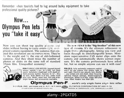 Olympus Pen-f camera advert in a Natgeo magazine, 1960s Stock Photo