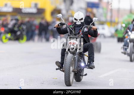 Valle Hermoso, Tamaulipas, Mexico - March 18, 2023: City Anniversary Parade, Members of the Bikehermoso motorcycle club displaying their bikes at the Stock Photo