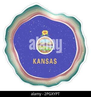 Kansas flag in frame. Badge of the US state. Layered circular sign around Kansas flag. Captivating vector illustration. Stock Vector