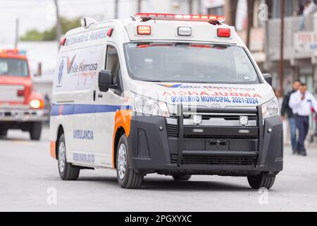 Valle Hermoso, Tamaulipas, Mexico - March 18, 2023: City Anniversary Parade, Toyota Ambulance from the municipal government leading the parade Stock Photo