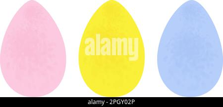 Set of 3 Easter eggs in trendy soft pink, yellow and blue watercolor. Happy Easter. Holiday. Hand drawn. Sticker. Icon. Isolate. Good for poster, banner, brochure or greeting, invitation cards, price Stock Vector