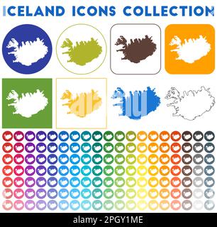 Iceland icons collection. Bright colorful trendy map icons. Modern Iceland badge with country map. Vector illustration. Stock Vector