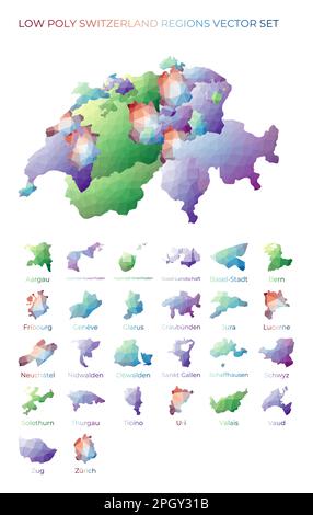 Swiss low poly regions. Polygonal map of Switzerland with regions. Geometric maps for your design. Cool vector illustration. Stock Vector