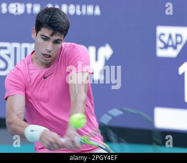 Miami Gardens, United States. 24th Mar, 2023. Carlos Alcaraz from Spain hits a two handed backhand to Facundo Bagnis from Argentina during the third match on day three at the Miami Open in the Hard Rock Stadium in Miami Gardens, Florida, on Friday, March 24, 2023. Alcaraz defeated Bagnis 6-0, 6-2. Photo by Gary I Rothstein/UPI Credit: UPI/Alamy Live News Stock Photo