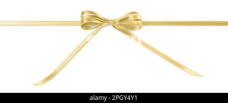 Golden satin ribbon with bow on white background, top view Stock Photo