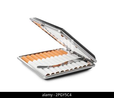Stylish case with cigarettes isolated on white Stock Photo
