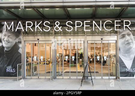 London, UK - March 18, 2023; Entrance to Marks and Spencer Fenchurch Street Store one of the shops scheduled to close Stock Photo