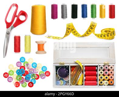 Set with different sewing supplies on white background Stock Photo