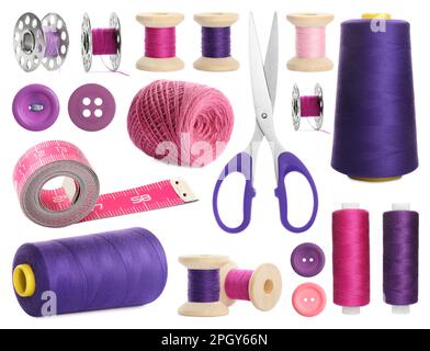 Set with different sewing supplies on white background Stock Photo
