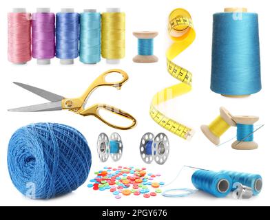 Set with different sewing supplies on white background Stock Photo