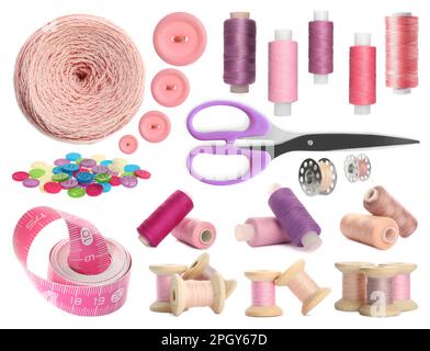 Set with different sewing supplies on white background Stock Photo