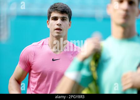 MIAMI GARDENS, FLORIDA - MARCH 24: Carlos Alcaraz of Spain defeats Facundo Bagnis of Argentina in their second round match at Hard Rock Stadium on March 24, 2023 in Miami Gardens, Florida. People: Carlos Alcaraz Credit: Storms Media Group/Alamy Live News Stock Photo