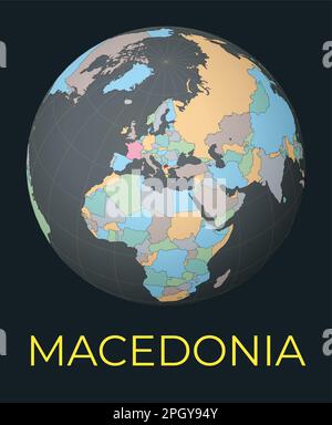 World map centered on Macedonia. Red country highlighted. Satellite world view centered on the country with name. Vector Illustration. Stock Vector