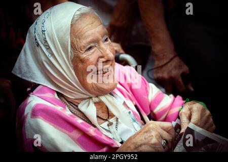 Buenos Aires, Argentina. 24th Mar, 2023. Norita Cortiñas, mother of Plaza de Mayo, is seen marching towards Plaza de Mayo square during a demonstration to mark the 47th anniversary of the 1976 military coup, in Buenos Aires. Argentines gather to commemorate the victims of the military dictatorship on the National Day of Memory for Truth and Justice. Credit: SOPA Images Limited/Alamy Live News Stock Photo