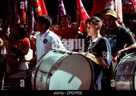 Buenos Aires, Argentina. 24th Mar, 2023. A girl holds a drum as she marches towards Plaza de Mayo square during a demonstration to mark the 47th anniversary of the 1976 military coup, in Buenos Aires. Argentines gather to commemorate the victims of the military dictatorship on the National Day of Memory for Truth and Justice. Credit: SOPA Images Limited/Alamy Live News Stock Photo