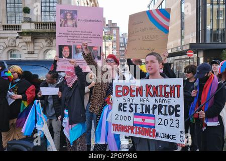 London, UK. 24th March, 2023. LGBT+ activists staged a protest outside the Saudi Arabian Embassy following the death of trans woman Eden Knight, who was pressured to return home from the US by 'fixers' her family hired, where she was studying at University and began transitioning. Back in Saudi Arabia, it is alleged her homone treatments were confiscated and she was bullied by her parents. Eden, aged 23, broken by the enforced detransitioning, committed suicide on the 12th March. Credit: Eleventh Hour Photography/Alamy Live News Stock Photo