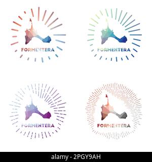 Formentera low poly sunburst set. Logo of island in geometric polygonal style. Vector illustration. Stock Vector