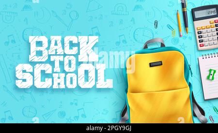 Back to school vector background. Back to school text with bag element in doodle background. Vector illustration study design. Stock Vector