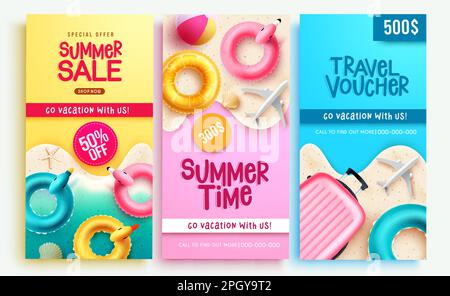 Summer sale vector poster set. Summer time, sale and travel voucher certificate holiday collection. Vector illustration summer poster layout. Stock Vector