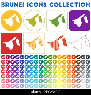 Brunei icons collection. Bright colorful trendy map icons. Modern Brunei badge with country map. Vector illustration. Stock Vector