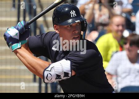 TAMPA, FL - MARCH 24: New York Yankees Outfield Aaron Judge (99) gives a  thumbs up to a young man who offered to trade jerseys with Judge during the spring  training game