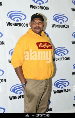 Anaheim CA US March 24 2023: Omar Miller arrives at the CBS photocall for True Lies at WonderCon 2023 Day 1 at the Anaheim Convention Center on March Stock Photo