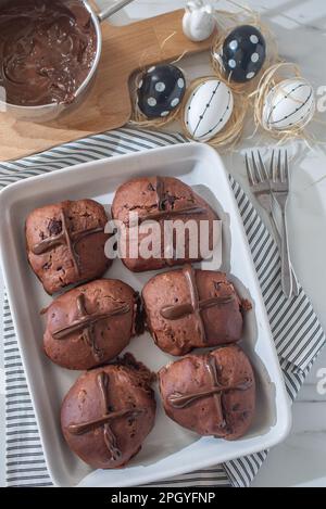 chocolate orange hot cross buns..traditional easter pastries Stock Photo