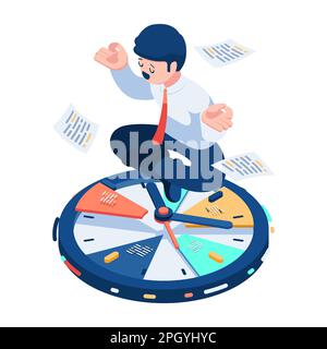 Flat 3d Isometric Businessman doing Meditation Over Clock. Time Management Concept. Stock Vector