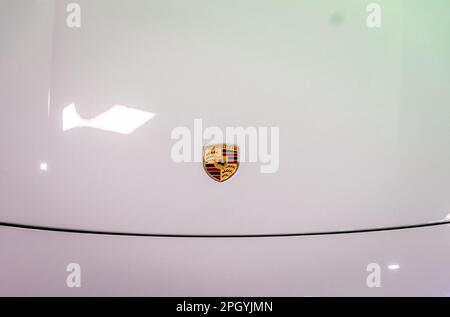 Porsche Sign Close Up from front of a car  on february 25 , 2023 during automotive exhibition at Kochi, India . Stock Photo