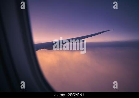 View from window of airplane during flight above clouds at dawn. Selective focus on aircraft wing. Stock Photo
