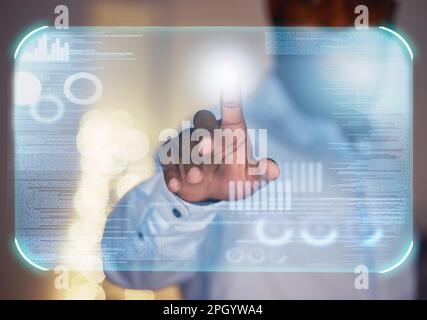 Businessman, hands and 3D hologram dashboard at night for corporate data, statistics or future analytics. Hand of black man working late touching Stock Photo