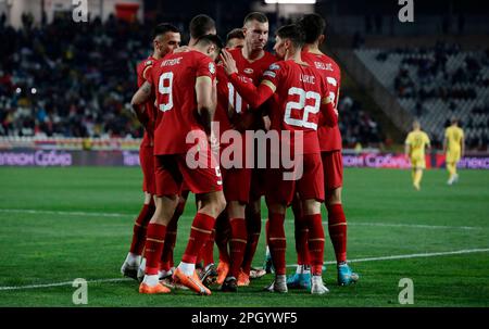 Belgrade. 25th Mar, 2023. Serbia's players celebrate a goal during the UEFA Euro 2024 Group G qualification match between Serbia and Lithuania in Belgrade, Serbia on March 24, 2023. Credit: Xinhua/Alamy Live News Stock Photo