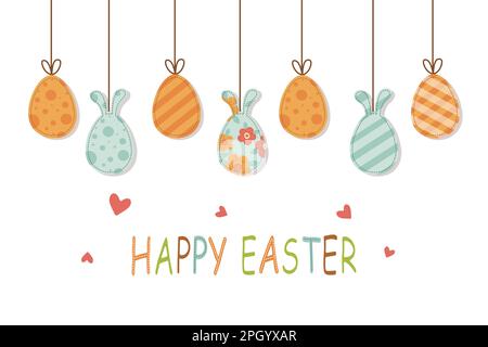 easter day greeting banner with easter eggs tied on strings Stock Vector